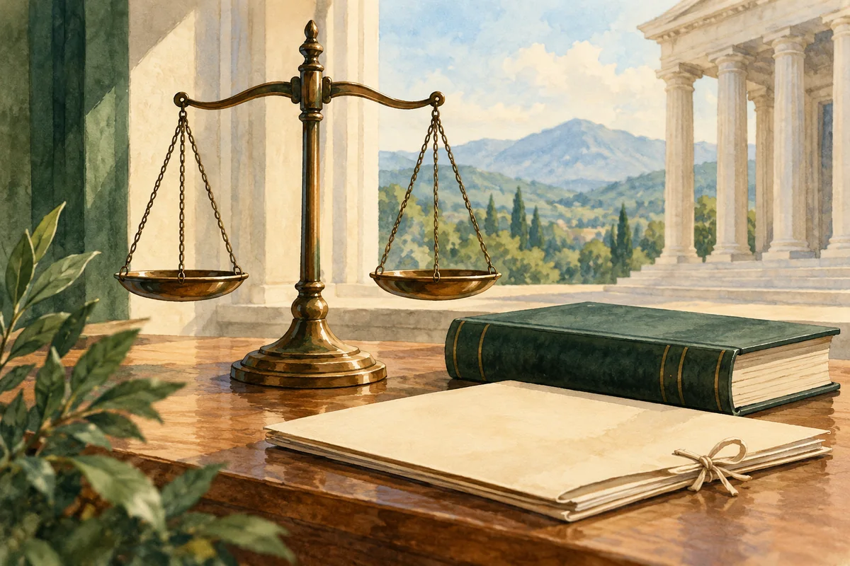 Символическая иллюстрация судебного решения: весы, книга и папка на столе.